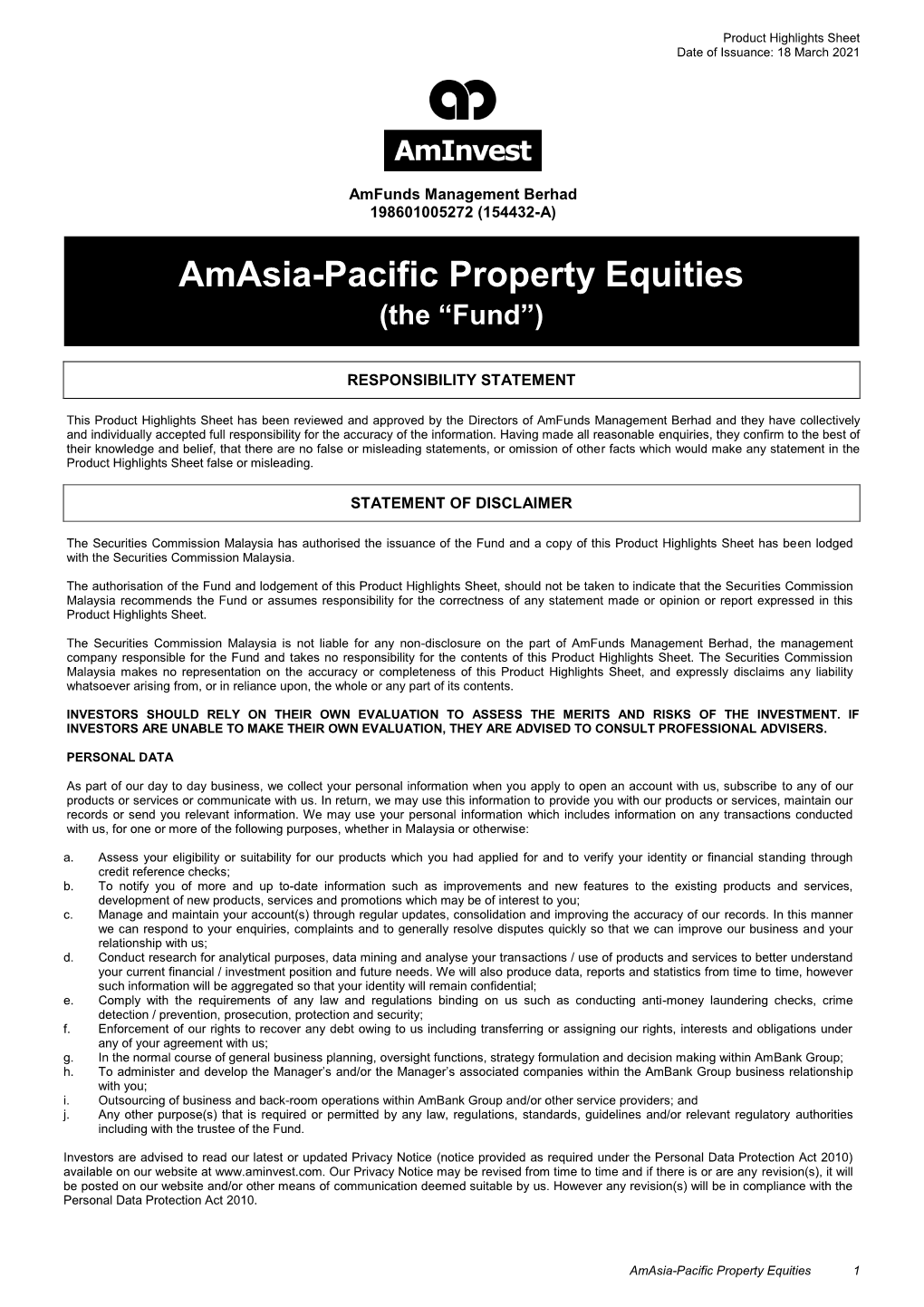 Amasia-Pacific Property Equities (The “Fund”)