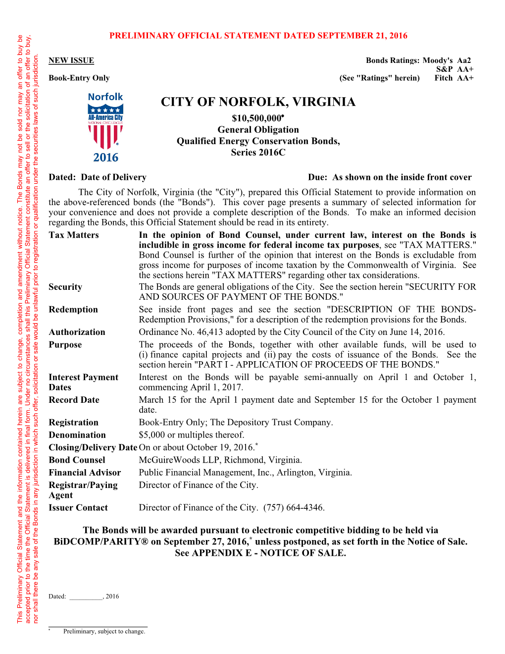 CITY of NORFOLK, VIRGINIA $10,500,000 General Obligation Qualified Energy Conservation Bonds, Series 2016C