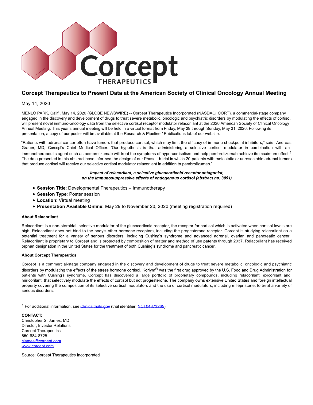 Corcept Therapeutics to Present Data at the American Society of Clinical Oncology Annual Meeting