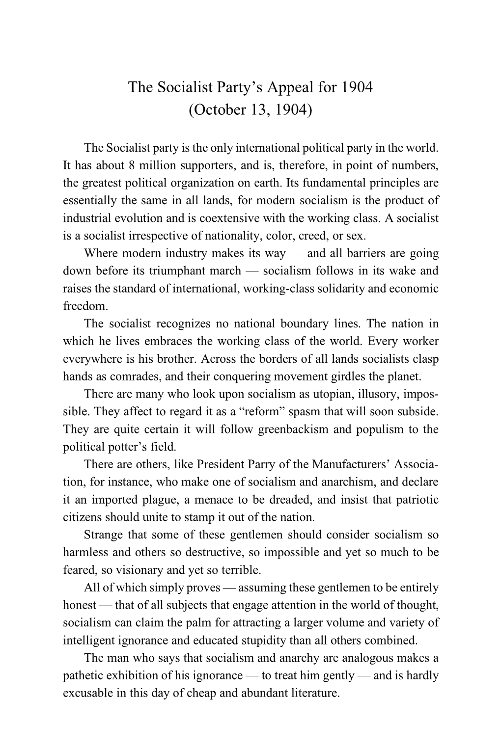 The Socialist Party's Appeal for 1904 (October 13, 1904)