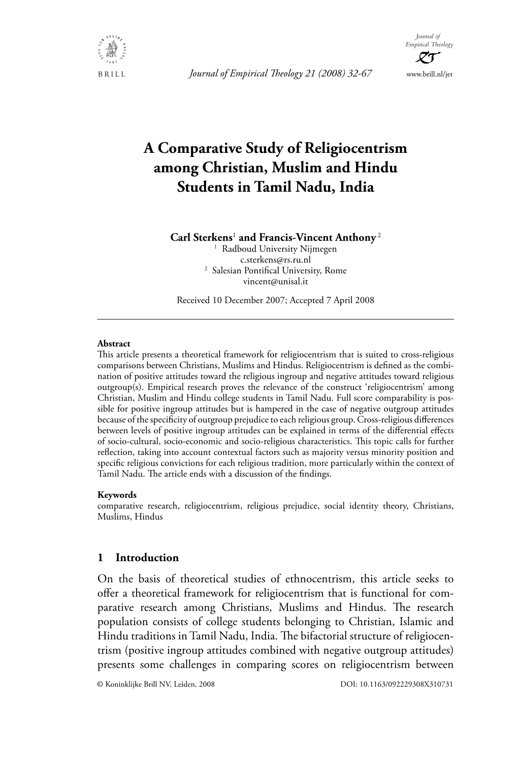 A Comparative Study of Religiocentrism Among Christian, Muslim and Hindu Students in Tamil Nadu, India