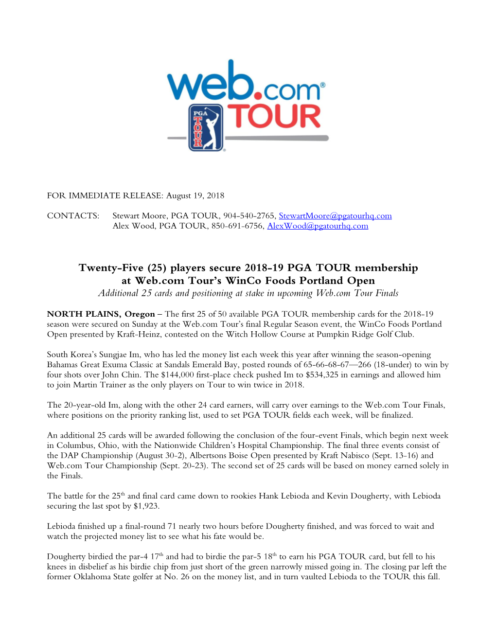 Twenty-Five (25) Players Secure 2018-19 PGA TOUR Membership At