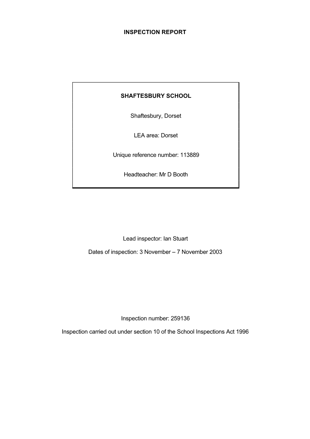 Inspection Report Shaftesbury School