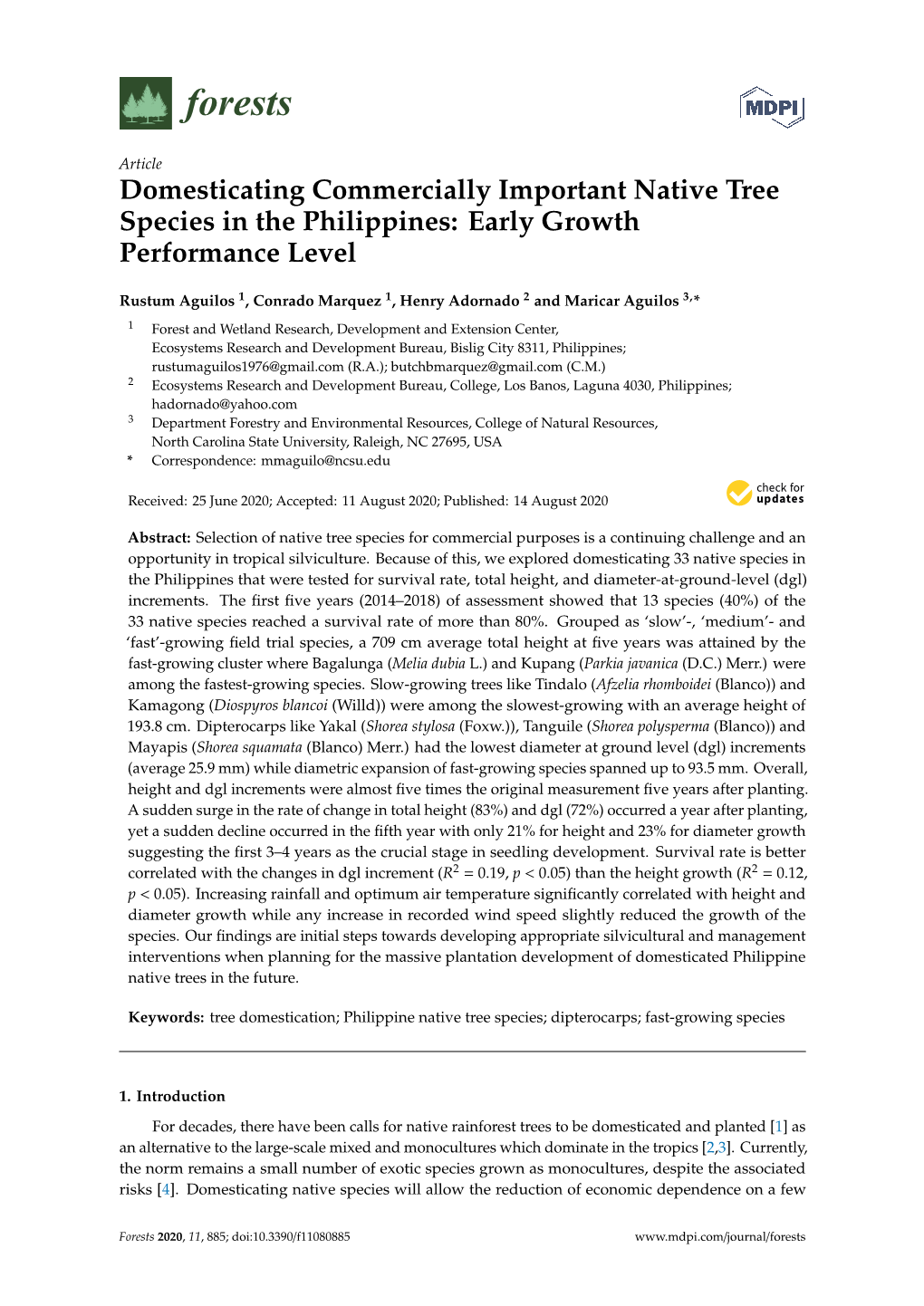 Domesticating Commercially Important Native Tree Species in the Philippines: Early Growth Performance Level
