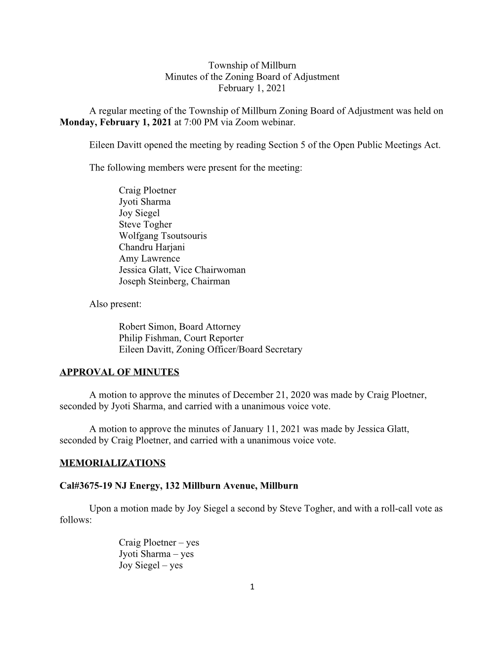 Township of Millburn Minutes of the Zoning Board of Adjustment February 1, 2021