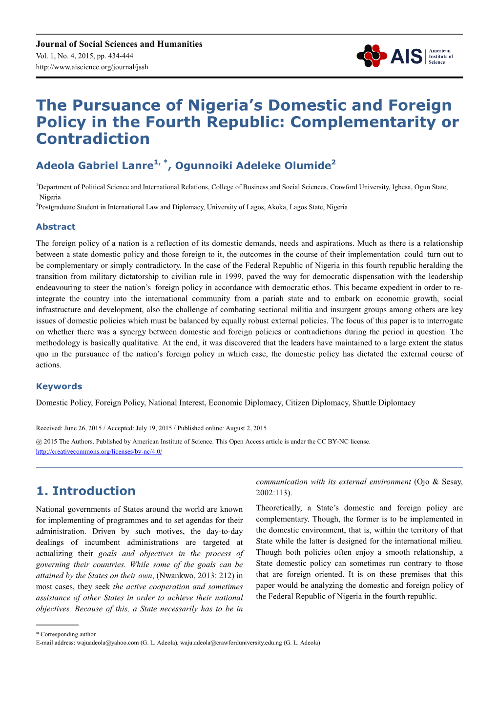 The Pursuance of Nigeria's Domestic and Foreign Policy in the Fourth