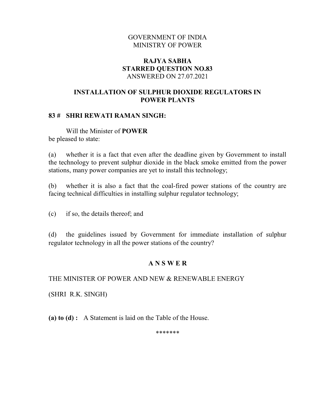 Government of India Ministry of Power Rajya Sabha Unstarred Question No.935 Answered on 27.07.2021