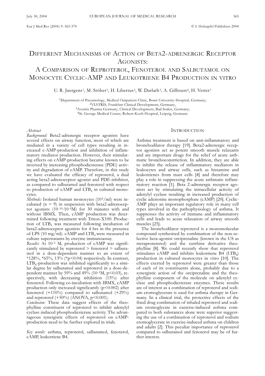 Beta2-Adrenergic Receptor Agonists: a Comparison of Reproterol, Fenoterol and Salbutamol on Monocyte Cyclic-Amp and Leukotriene B4 Production in Vitro