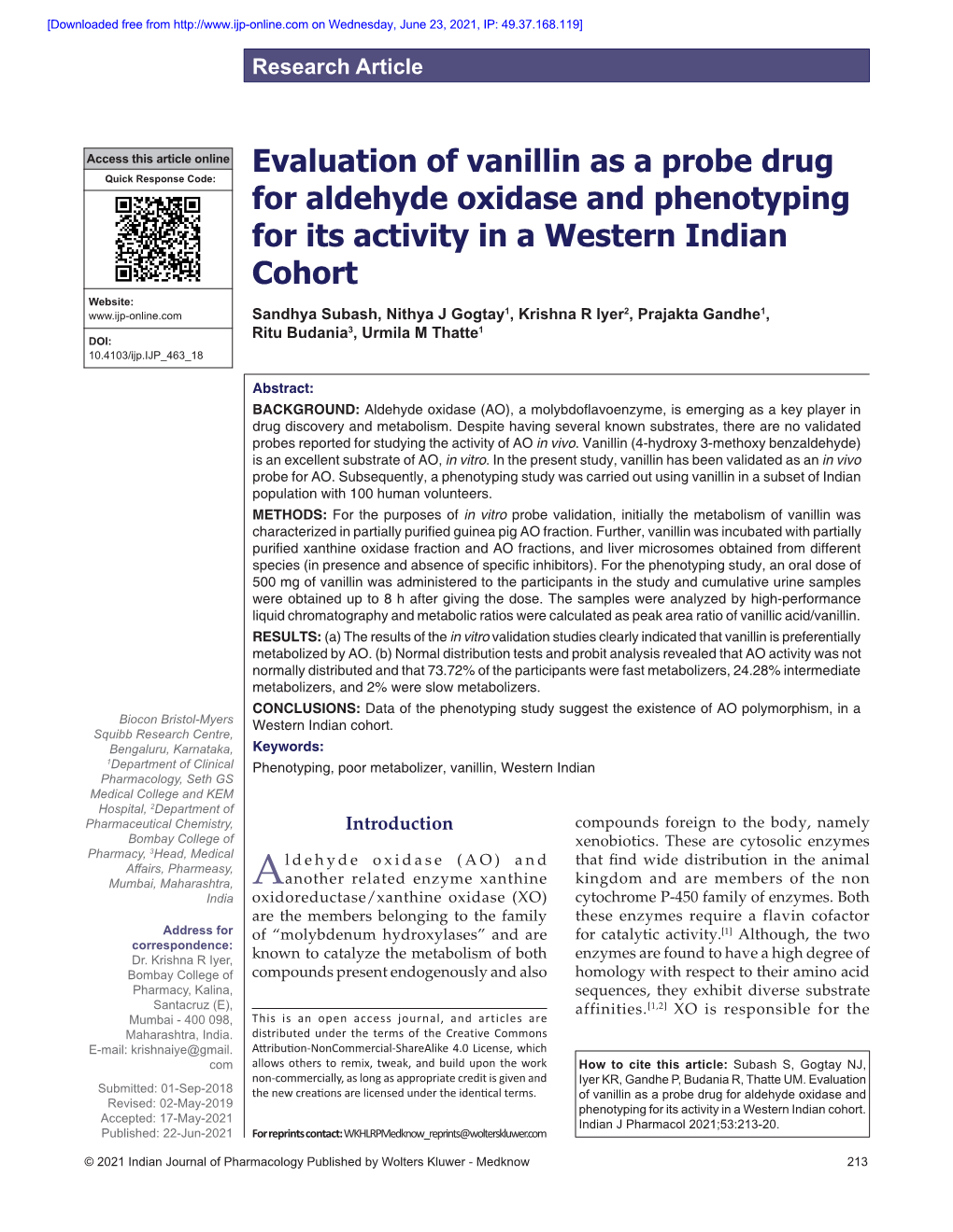 Evaluation of Vanillin As a Probe Drug for Aldehyde Oxidase and Phenotyping for Its Activity in a Western Indian Cohort
