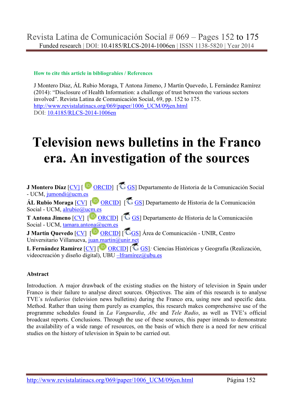 Television News Bulletins in the Franco Era. an Investigation of the Sources