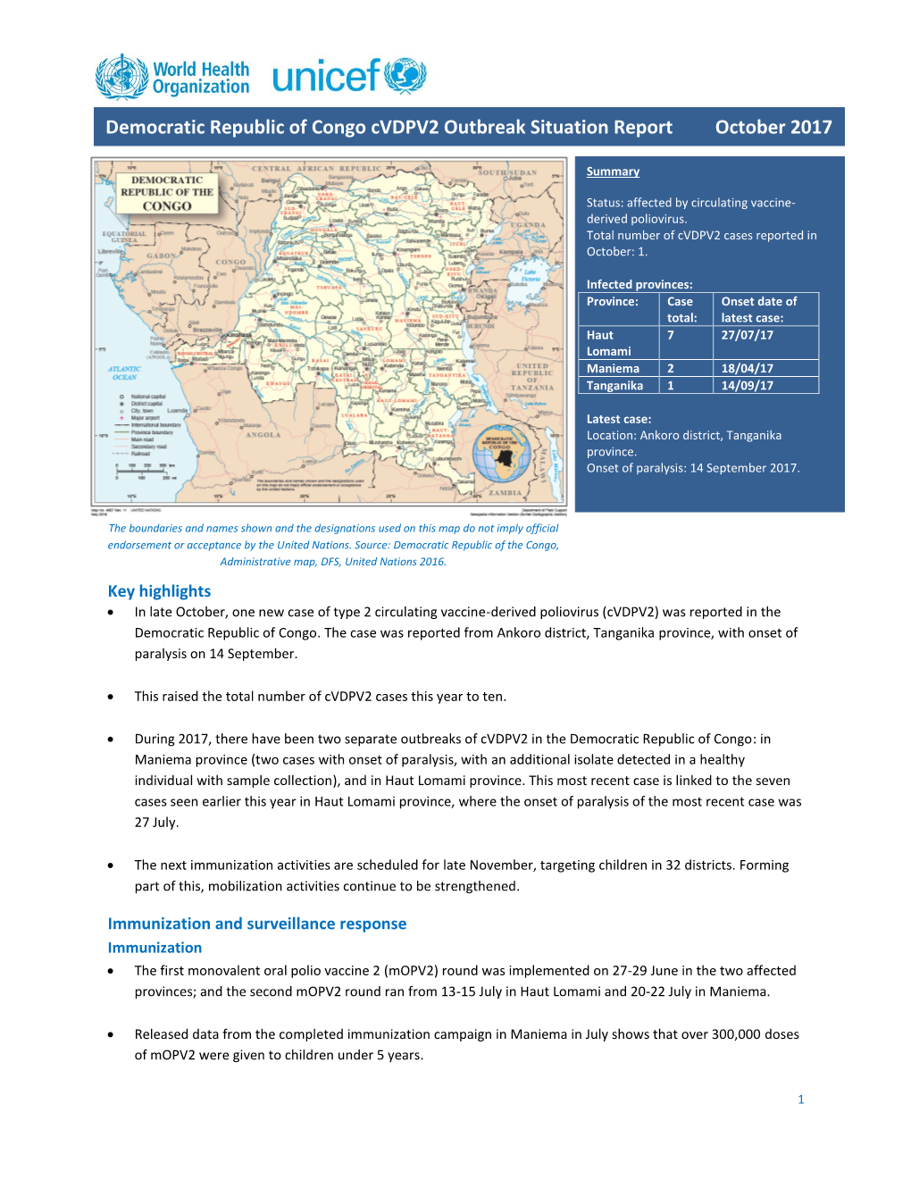 Democratic Republic of Congo Cvdpv2 Outbreak Situation Report