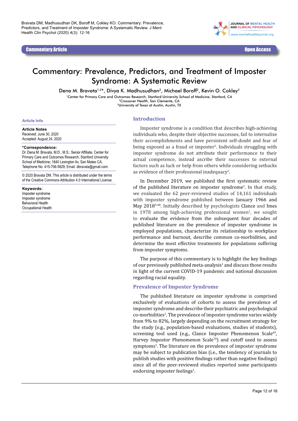 Prevalence, Predictors, and Treatment of Imposter Syndrome: a Systematic Review Dena M