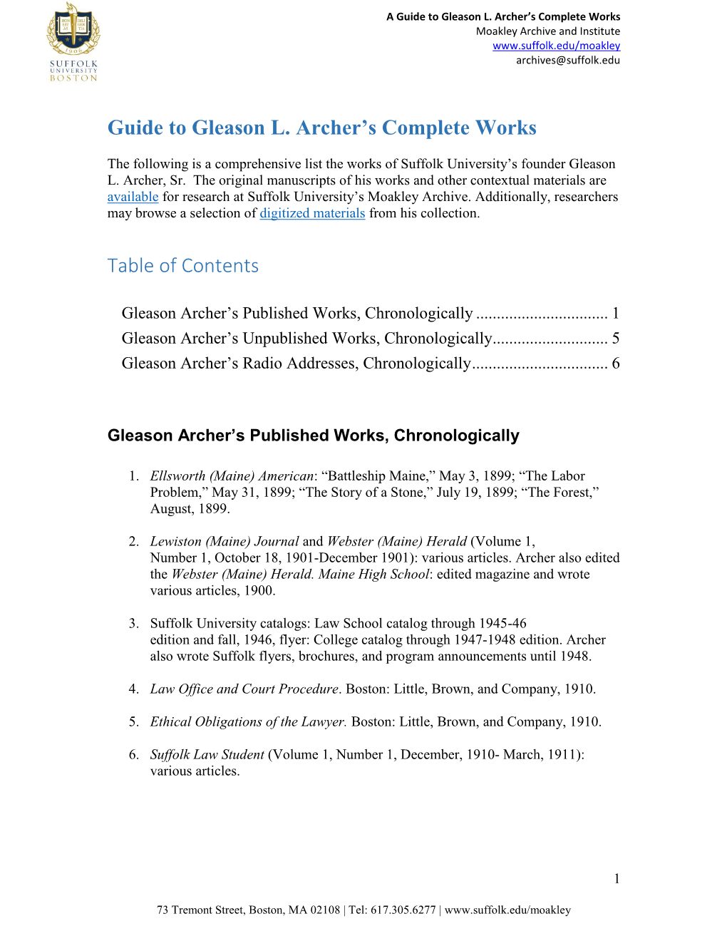 Guide to Gleason L. Archer's Complete Works Table of Contents