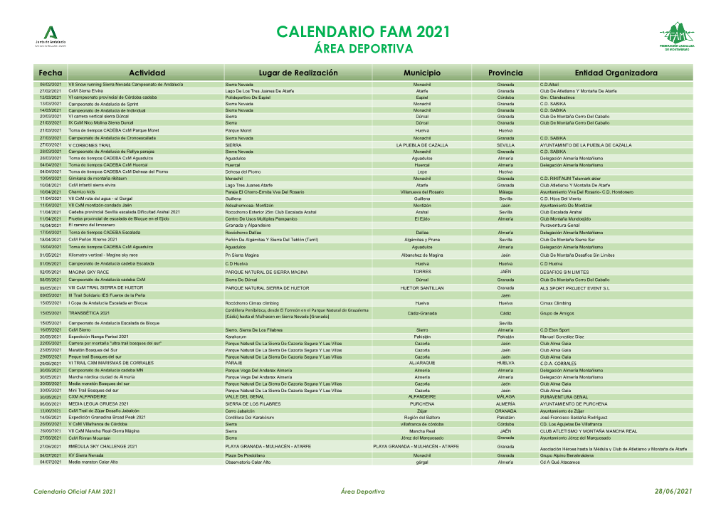 Calendario Fam 2021 Área Deportiva