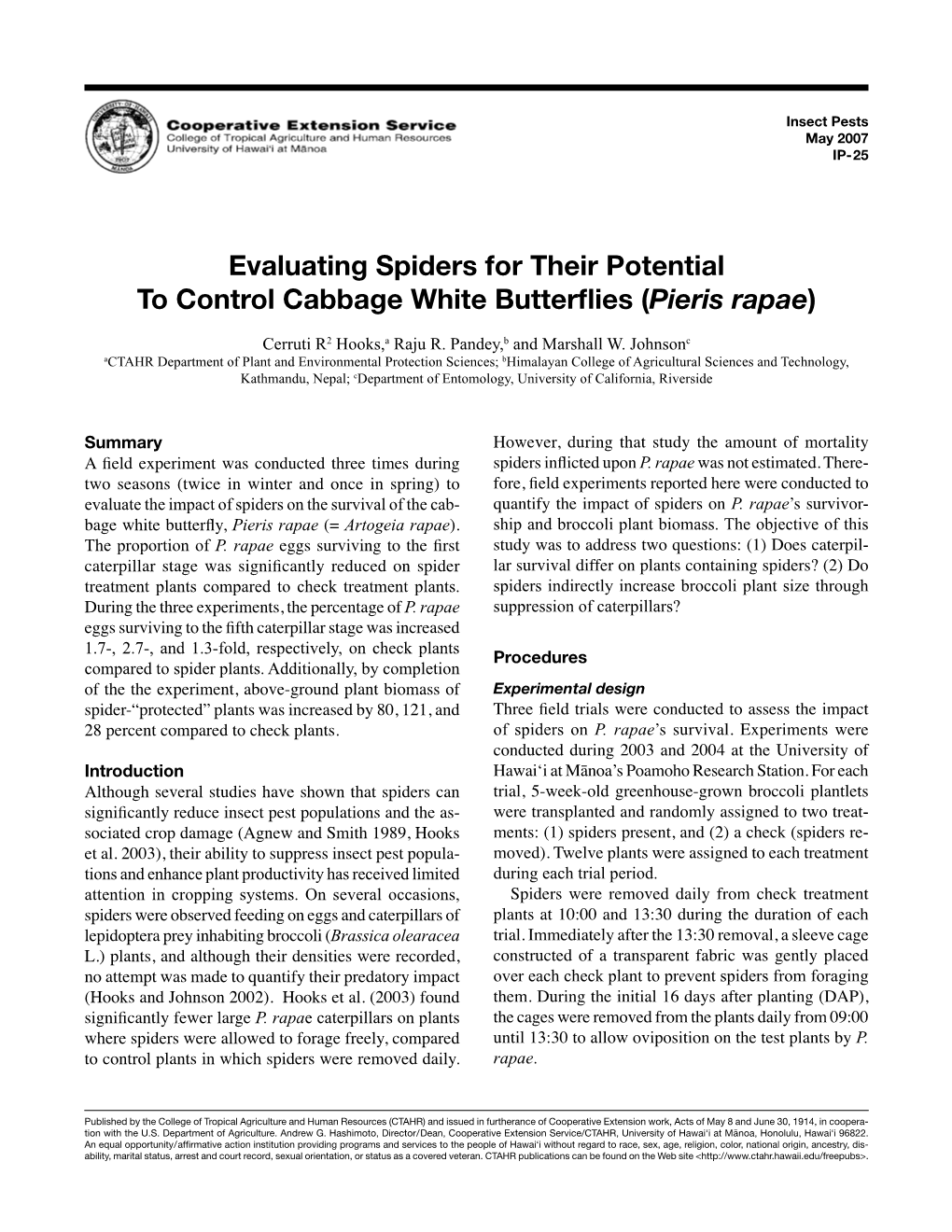Evaluating Spiders for Their Potential to Control Cabbage White Butterflies (Pieris Rapae)