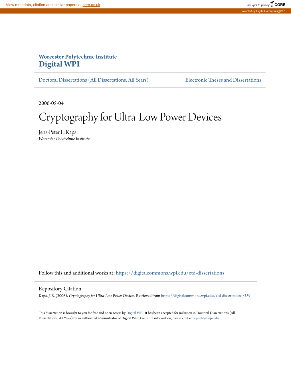 Cryptography for Ultra-Low Power Devices Jens-Peter E