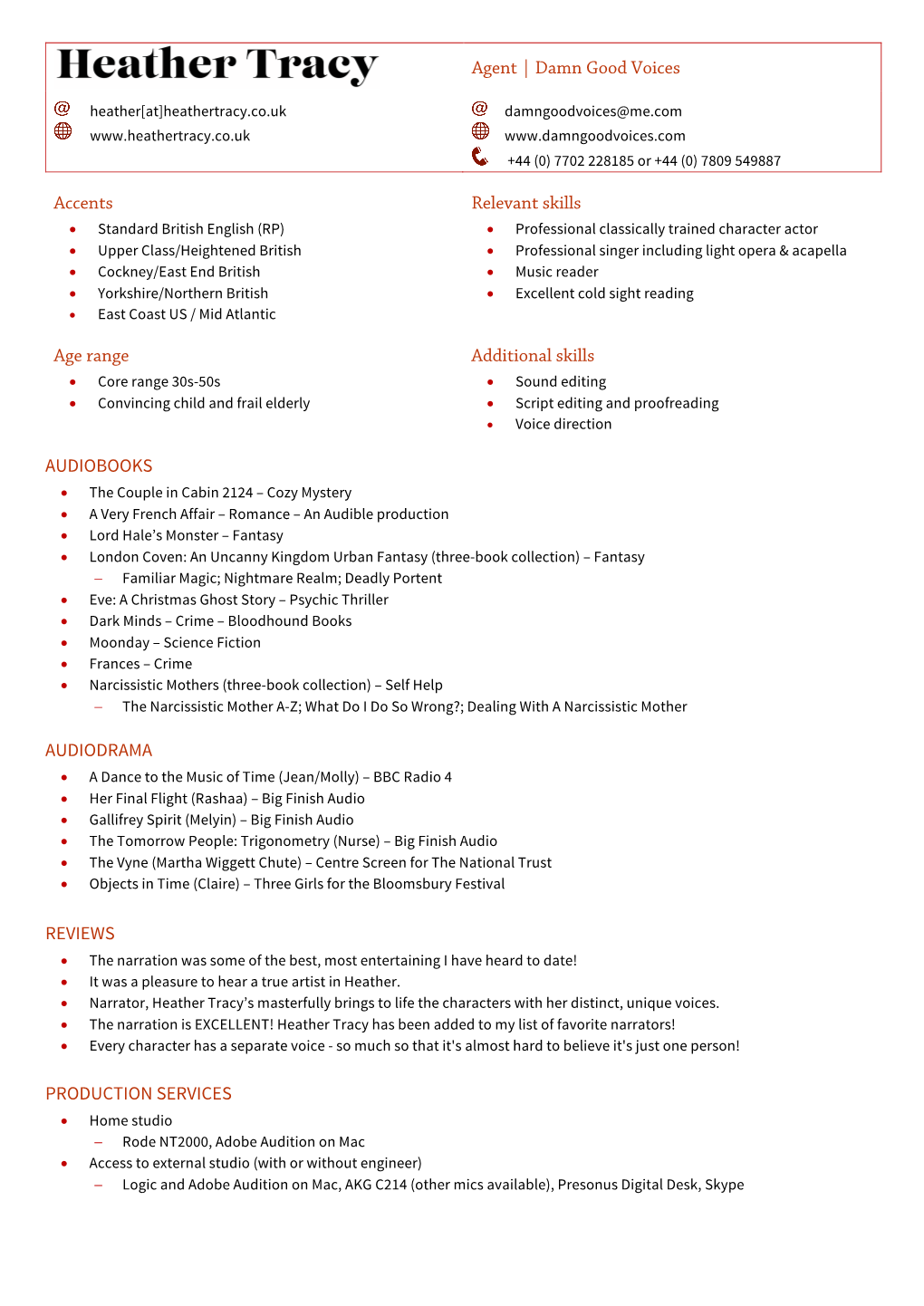 Heather Tracy Audiobook CV