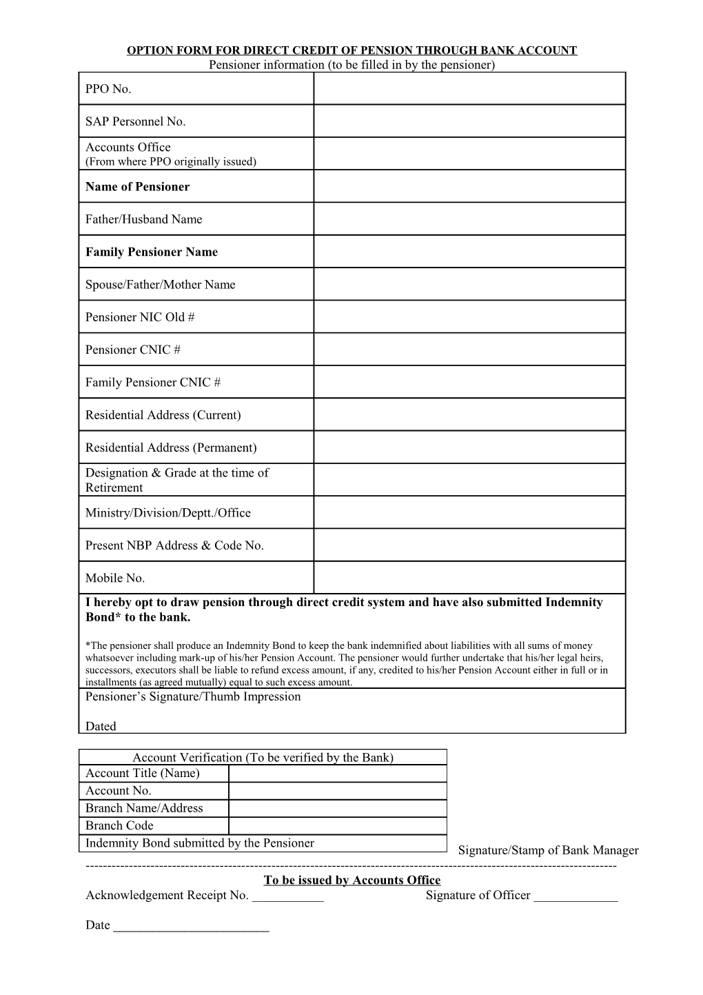 Option Form and Indemnity Bond