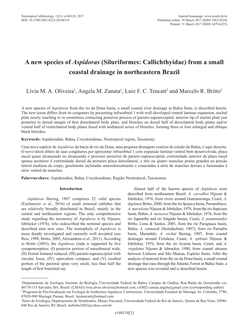 A New Species of Aspidoras (Siluriformes: Callichthyidae) from a Small Coastal Drainage in Northeastern Brazil