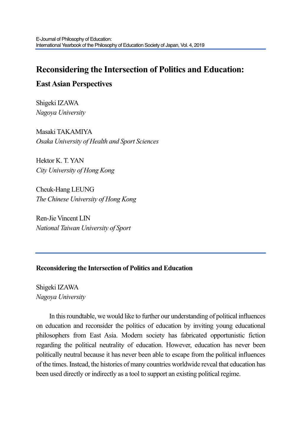 Reconsidering the Intersection of Politics and Education: East Asian Perspectives