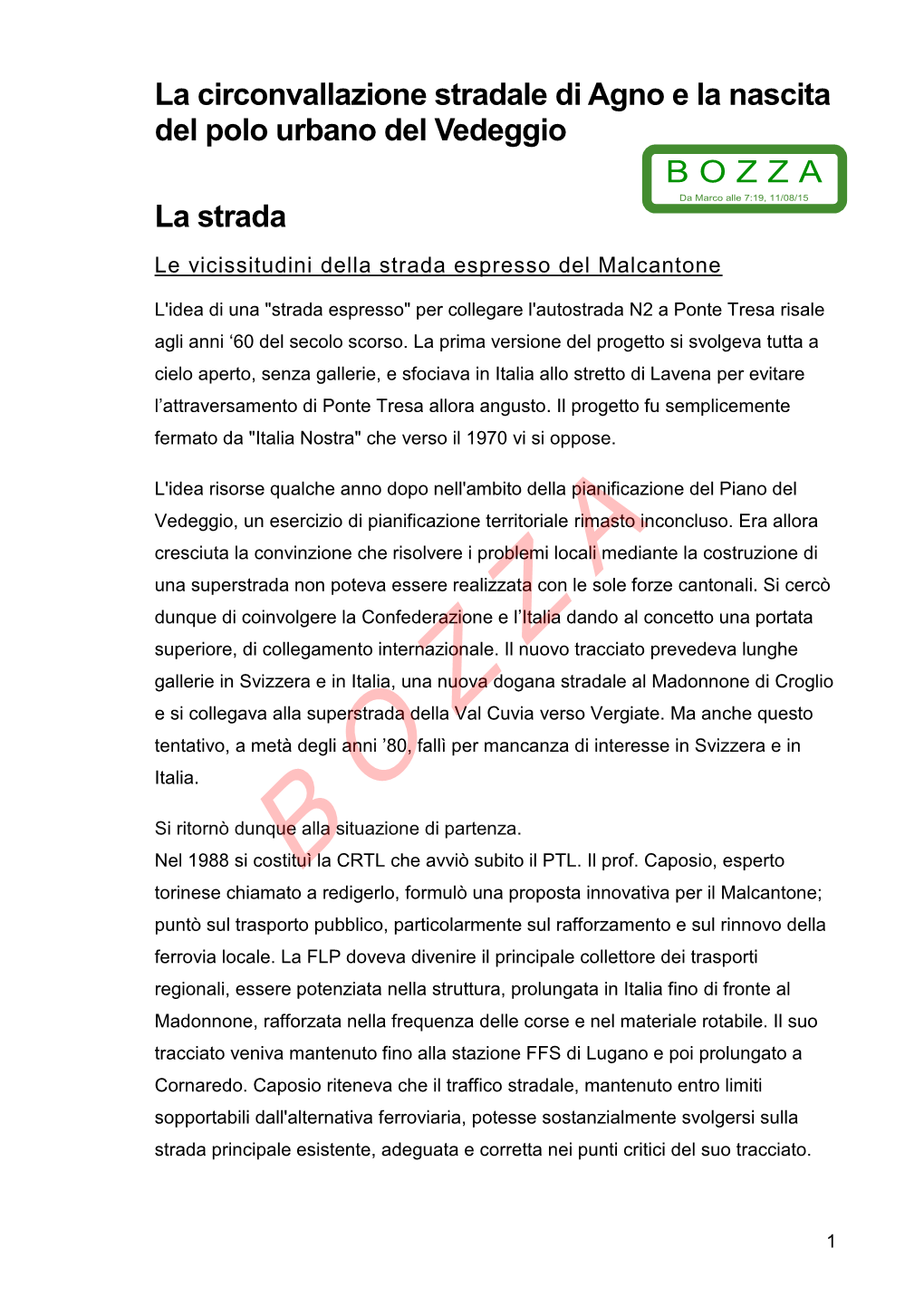 La Circonvallazione Stradale Di Agno E La Nascita Del Polo Urbano Del Vedeggio