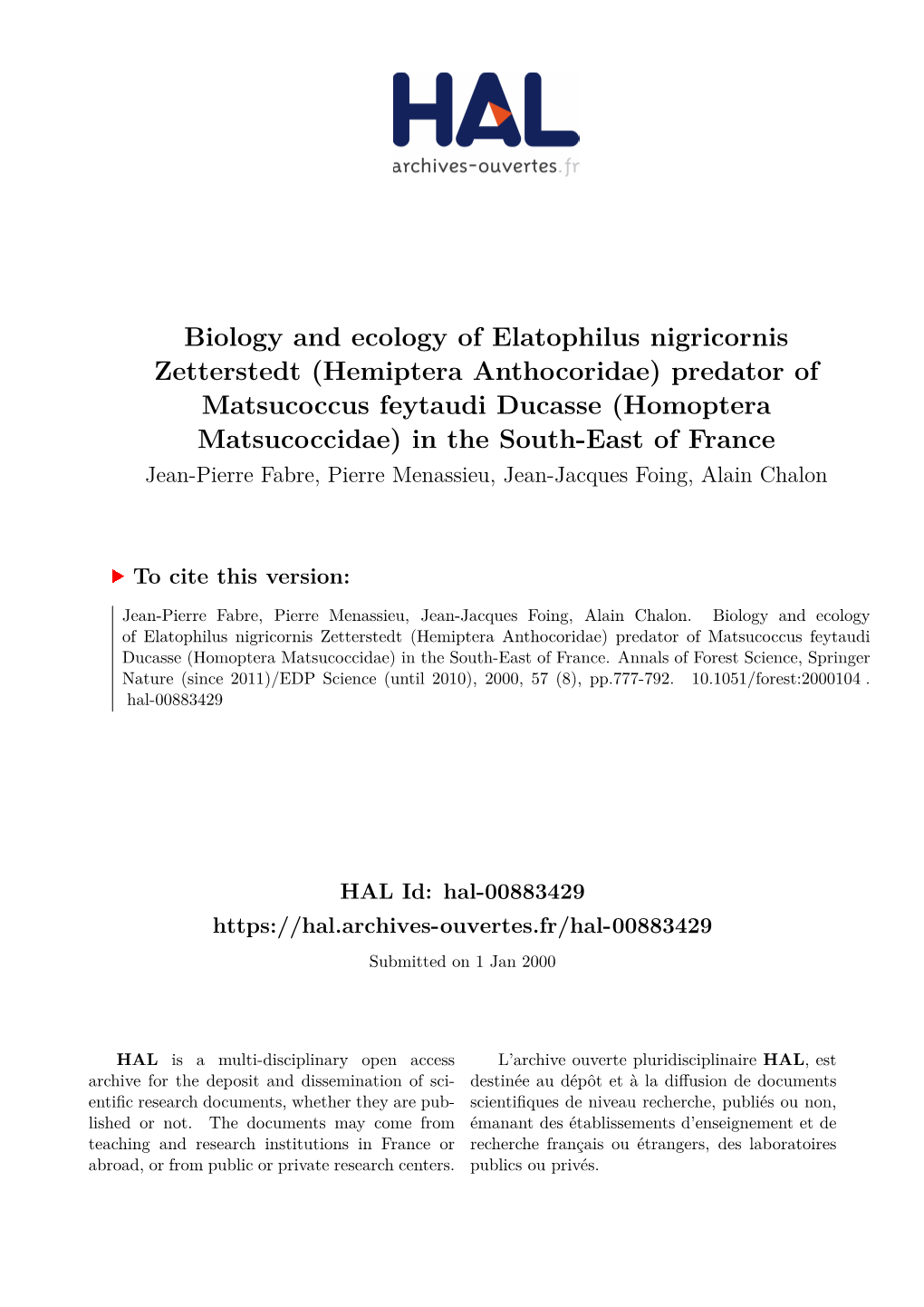 Biology and Ecology of Elatophilus Nigricornis Zetterstedt (Hemiptera Anthocoridae) Predator of Matsucoccus Feytaudi Ducasse