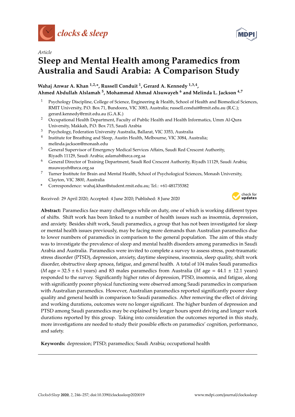 Sleep and Mental Health Among Paramedics from Australia and Saudi Arabia: a Comparison Study