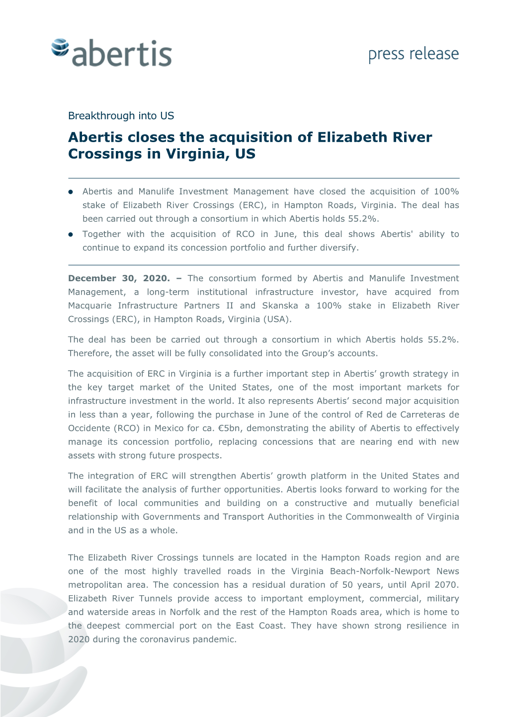 Abertis Closes the Acquisition of Elizabeth River Crossings in Virginia, US