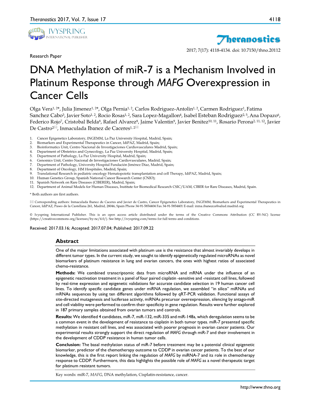 Theranostics DNA Methylation of Mir-7 Is a Mechanism Involved In