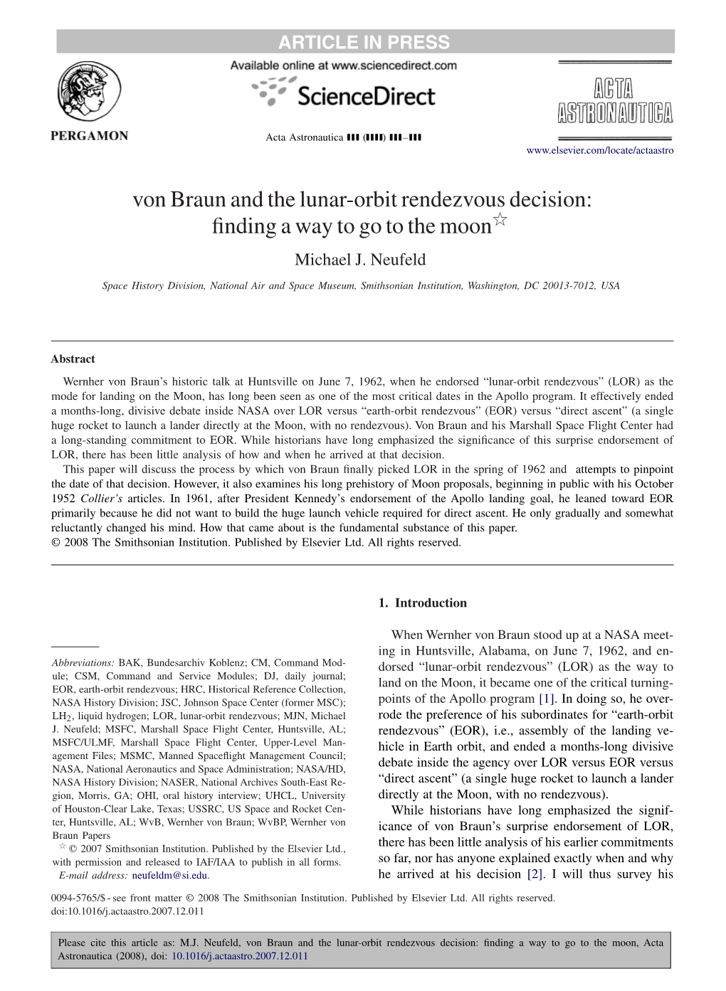 Von Braun and the Lunar-Orbit Rendezvous Decision: ﬁnding a Way to Go to the Moonଁ Michael J