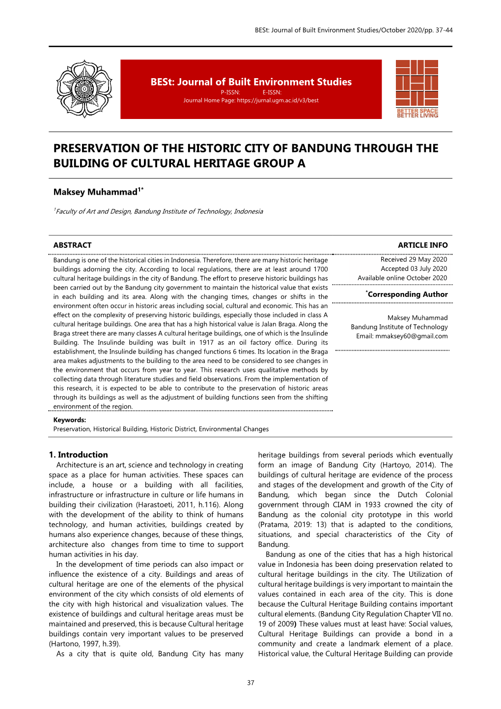 PRESERVATION of the HISTORIC CITY of BANDUNG THROUGH the Therefore, the Act of Image-Making As a Representation Arsitektur