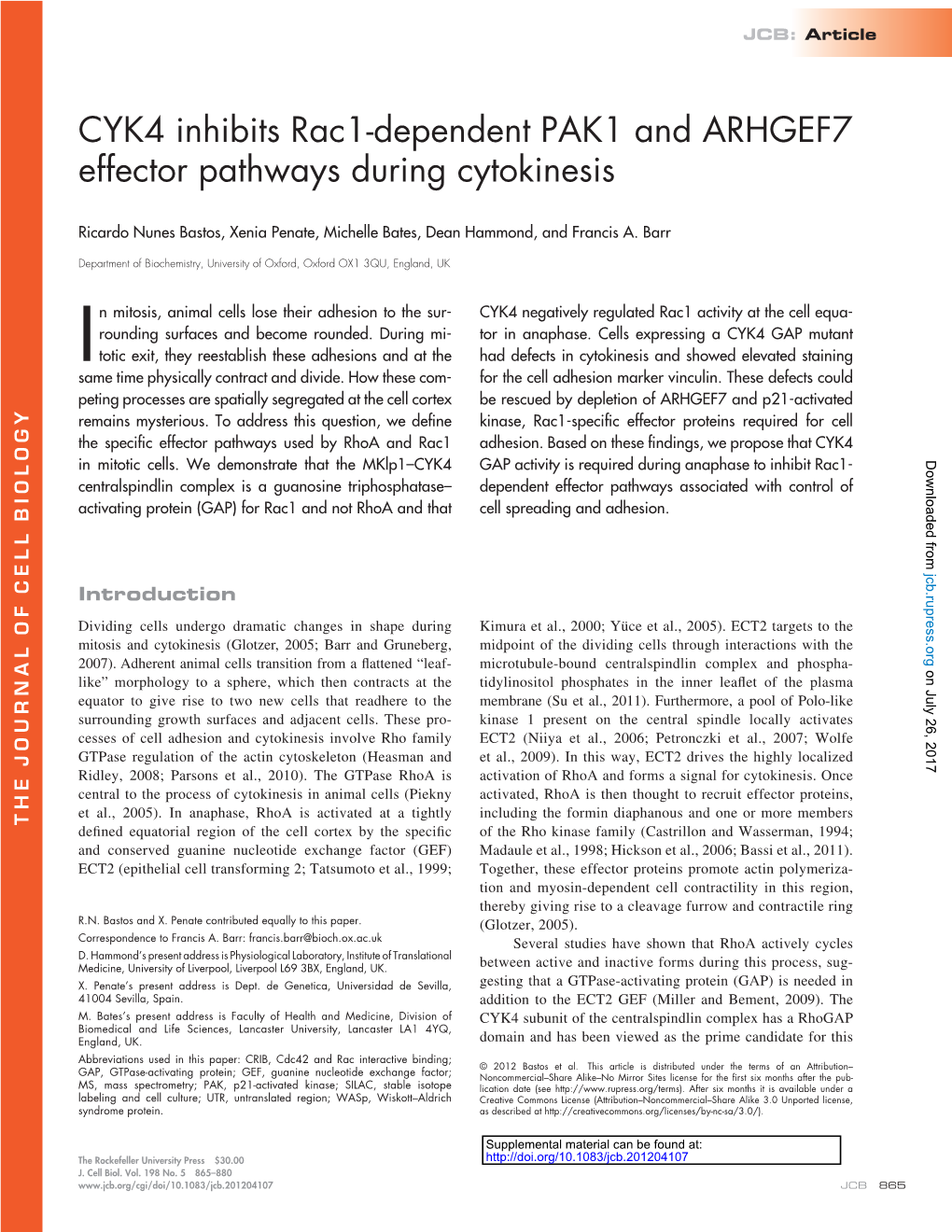 CYK4 Inhibits Rac1-Dependent PAK1 and ARHGEF7 Effector Pathways During Cytokinesis