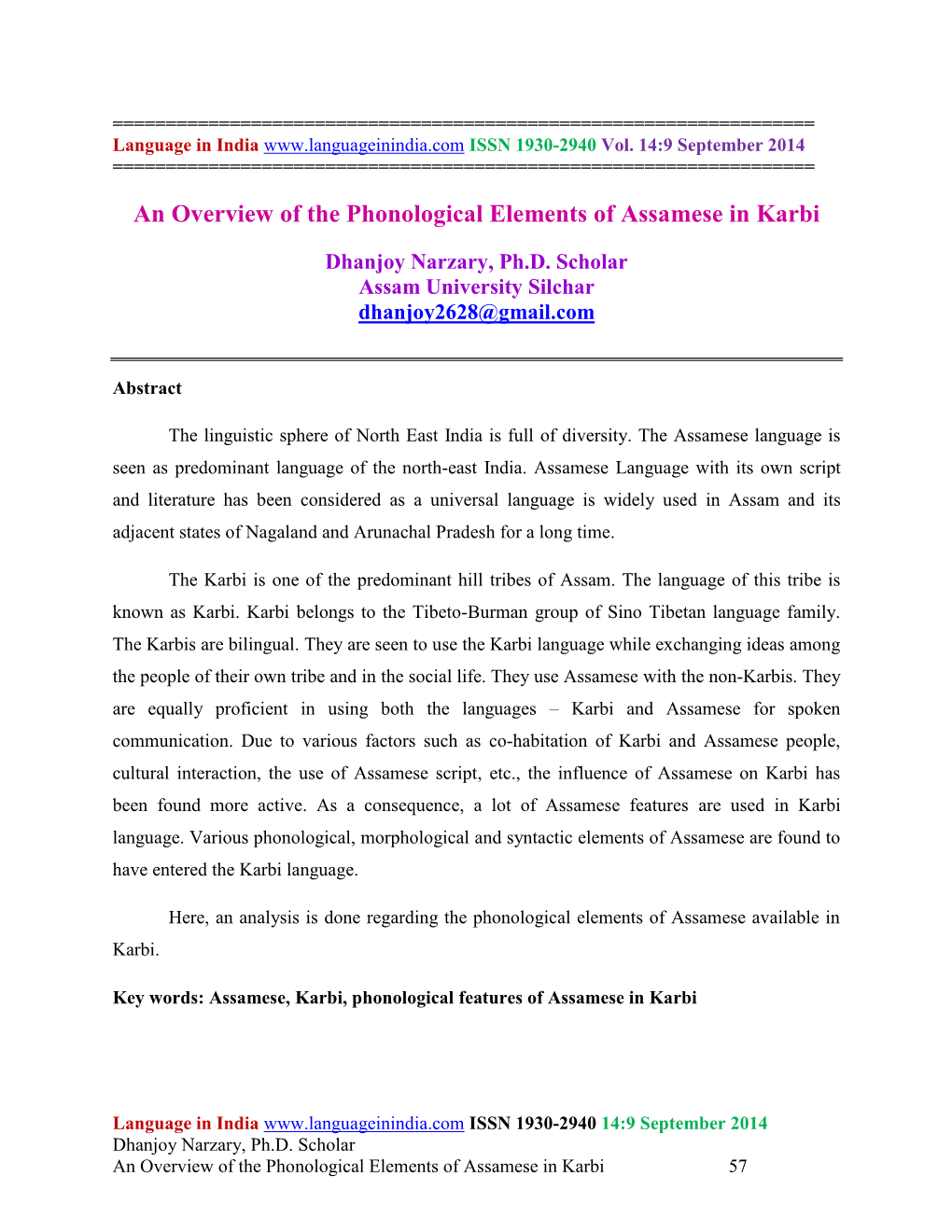 An Overview of the Phonological Elements of Assamese in Karbi