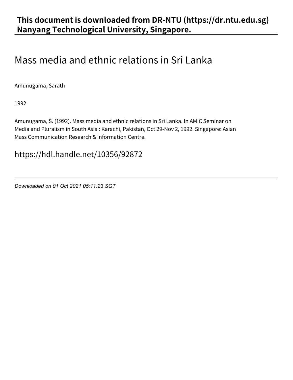 Mass Media and Ethnic Relations in Sri Lanka