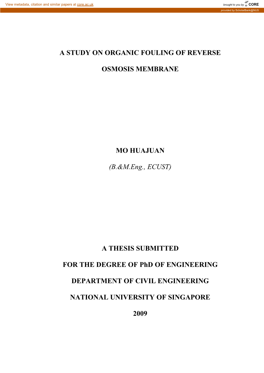 A Study on Organic Fouling of Reverse Osmosis Membrane