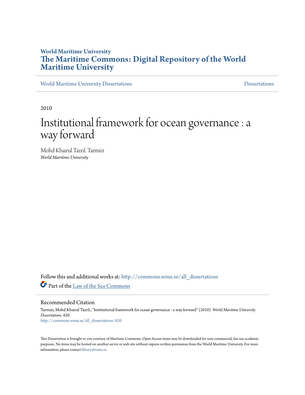 Institutional Framework for Ocean Governance : a Way Forward Mohd Khairul Tazril