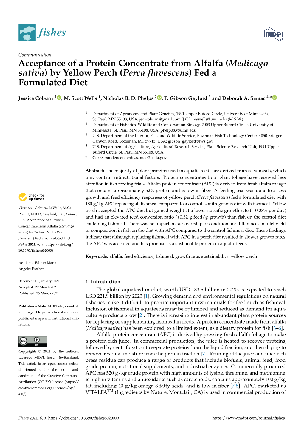 Acceptance of a Protein Concentrate from Alfalfa (Medicago Sativa) by Yellow Perch (Perca Flavescens) Fed a Formulated Diet