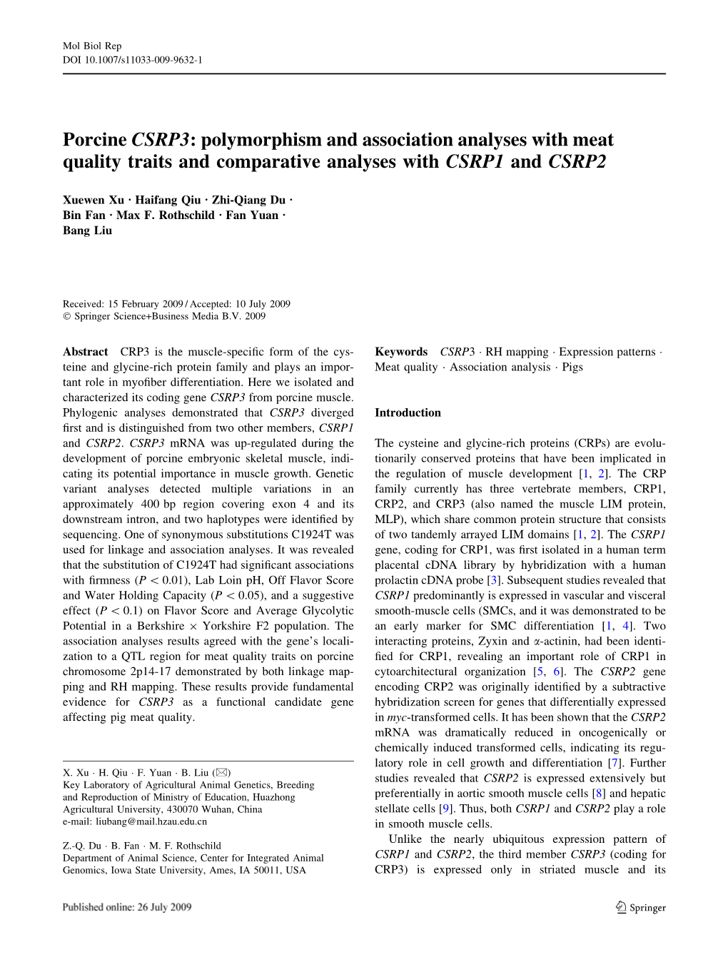 Porcine CSRP3: Polymorphism and Association Analyses with Meat Quality Traits and Comparative Analyses with CSRP1 and CSRP2
