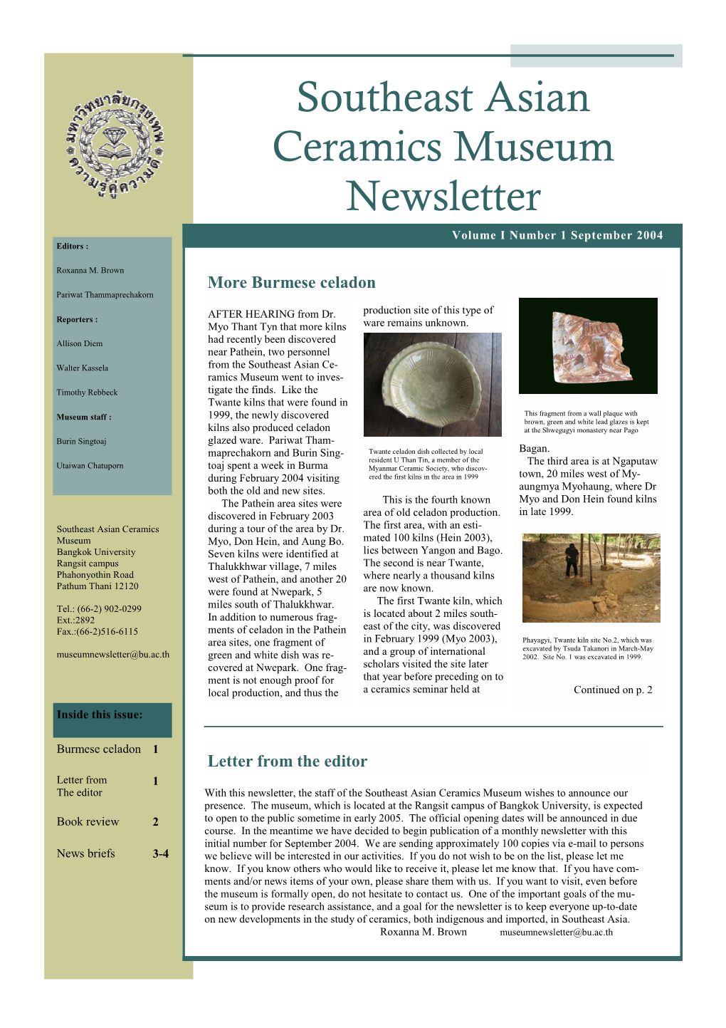 Southeast Asian Ceramics Museum Newsletter Volume I Number 1 September 2004 Editors