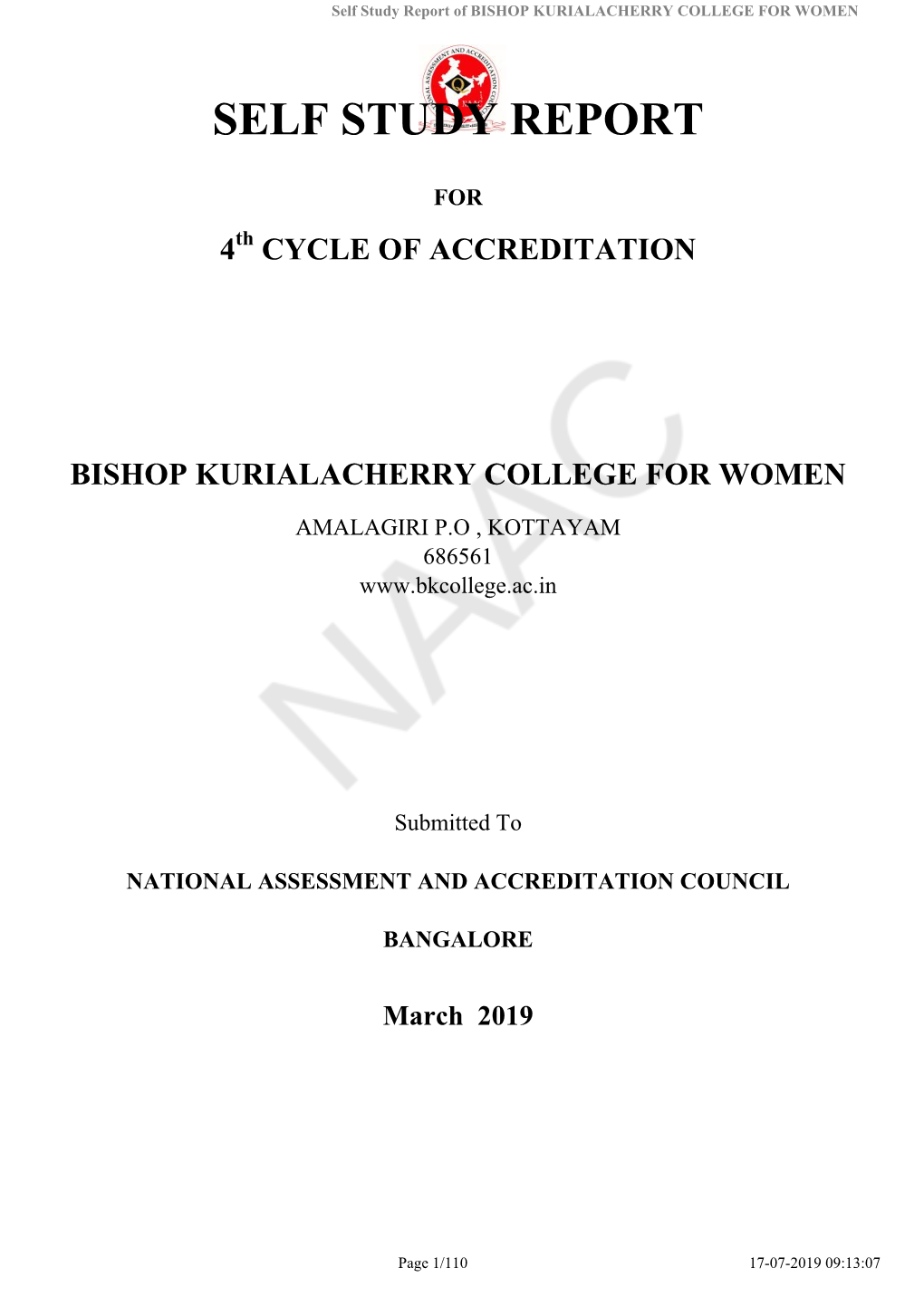 Self Study Report of BISHOP KURIALACHERRY COLLEGE for WOMEN