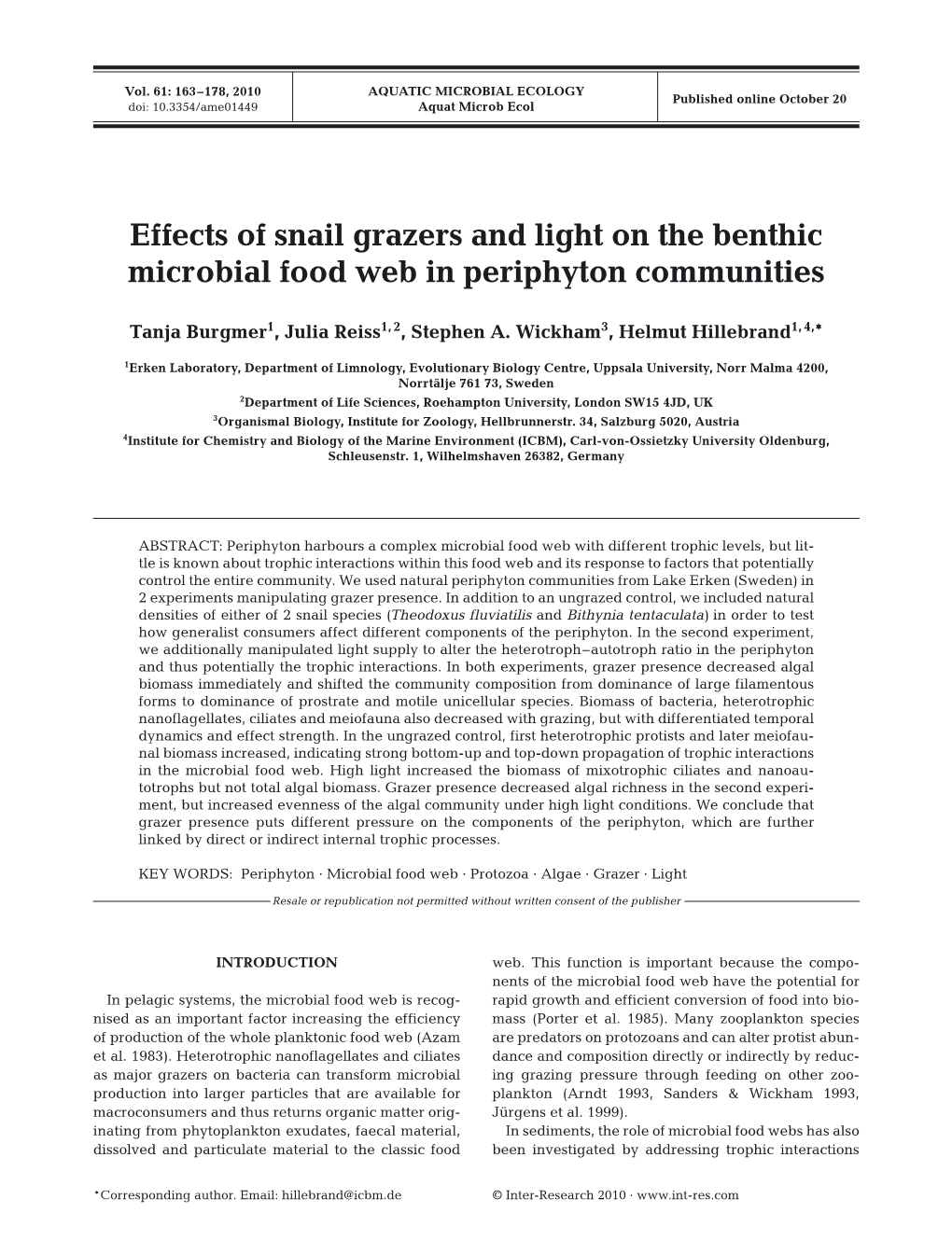 Effects of Snail Grazers and Light on the Benthic Microbial Food Web in Periphyton Communities