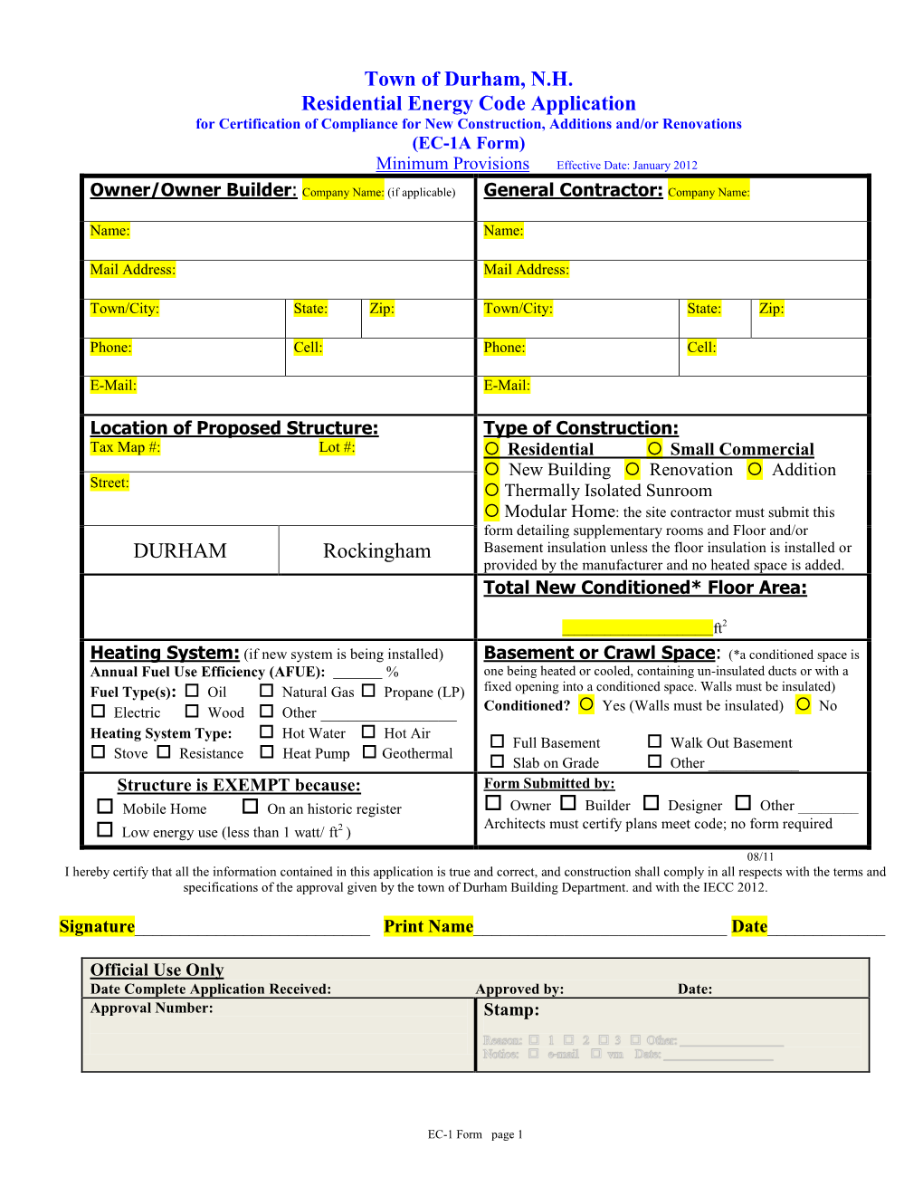 New Hampshire Residential Energy Code Application for Certification Of