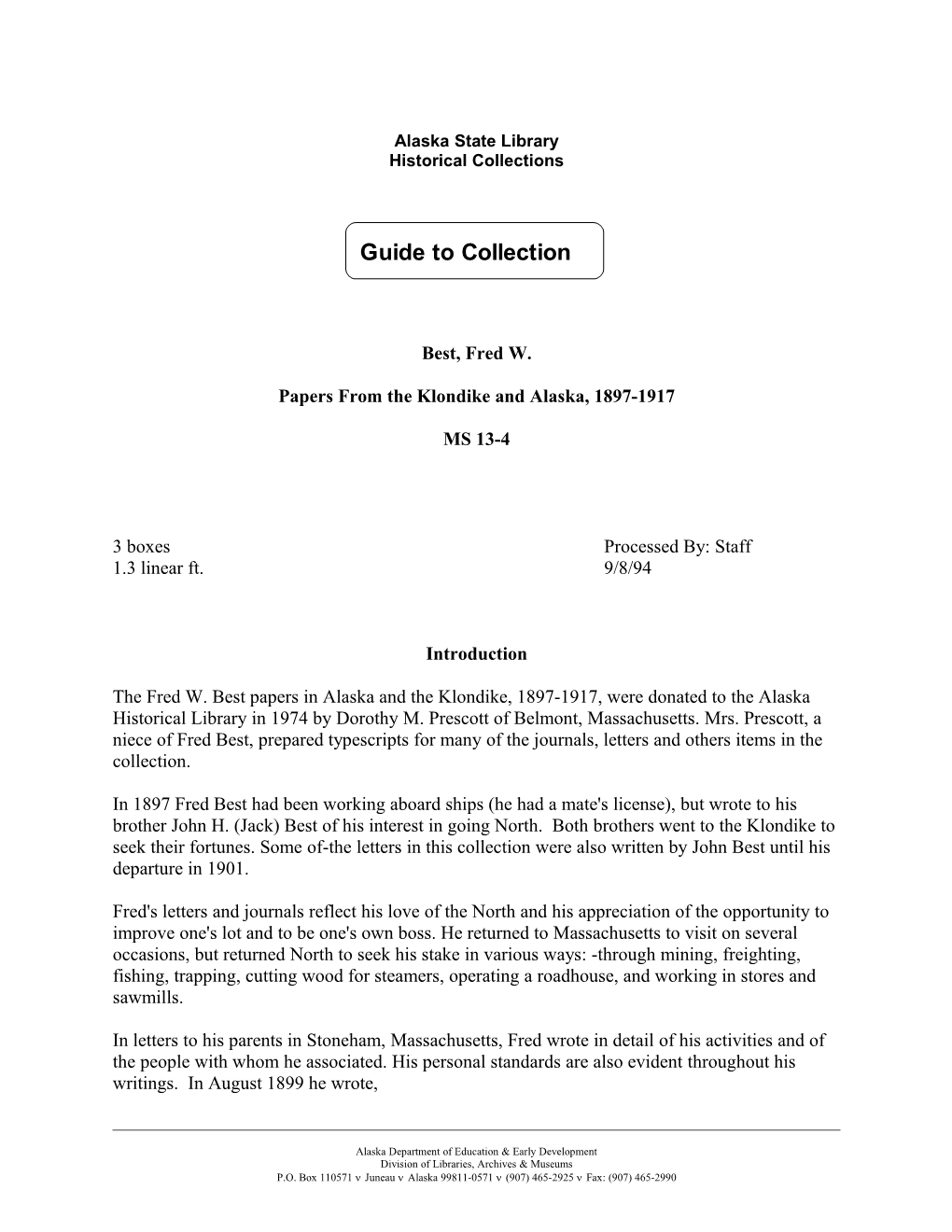 MS 13-4: Fred W. Best, Papers from the Klondike and Alaska, 1897-1917