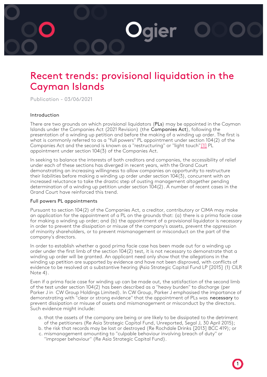 Provisional Liquidation in the Cayman Islands Publication - 03/06/2021