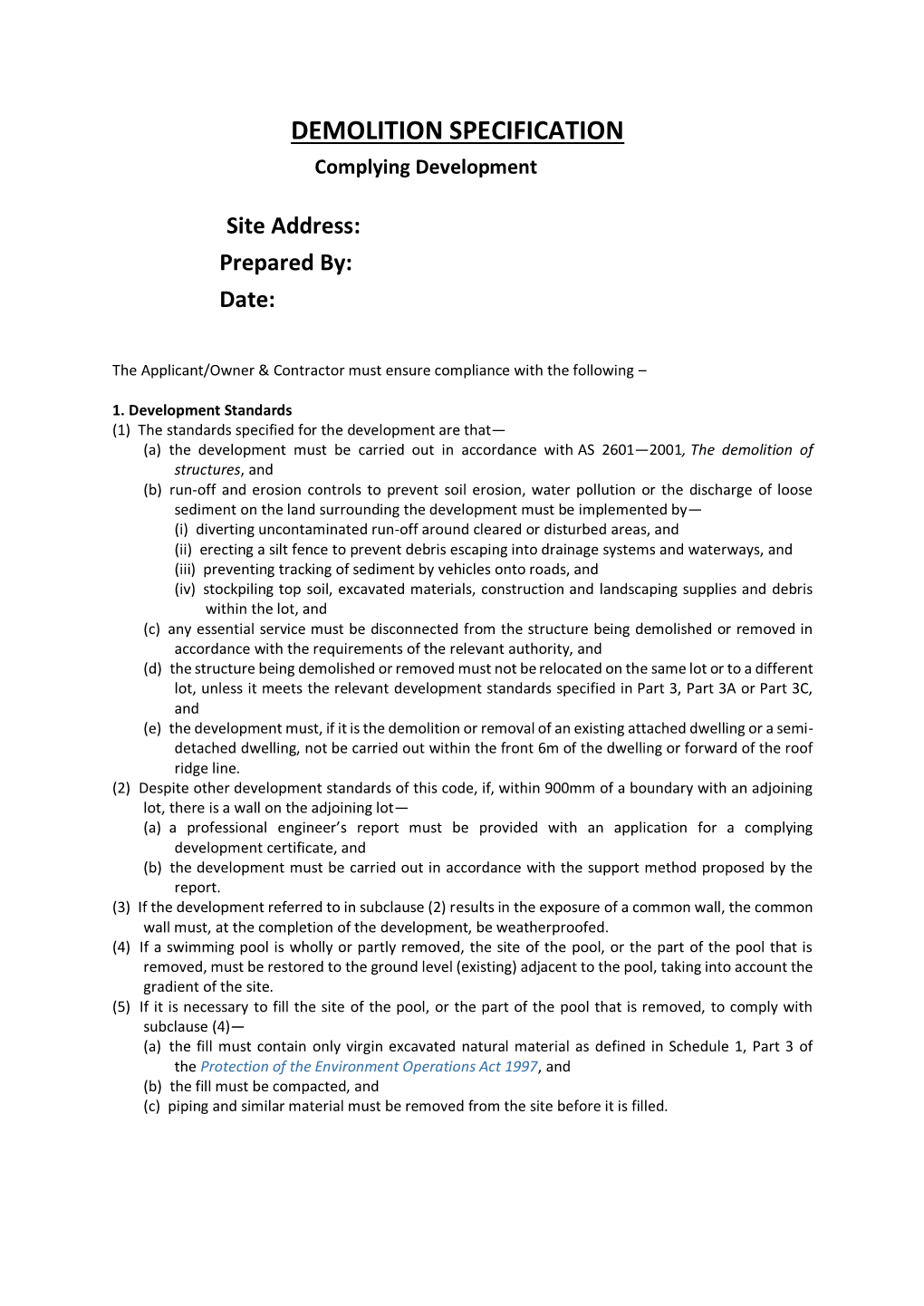 DEMOLITION SPECIFICATION Complying Development