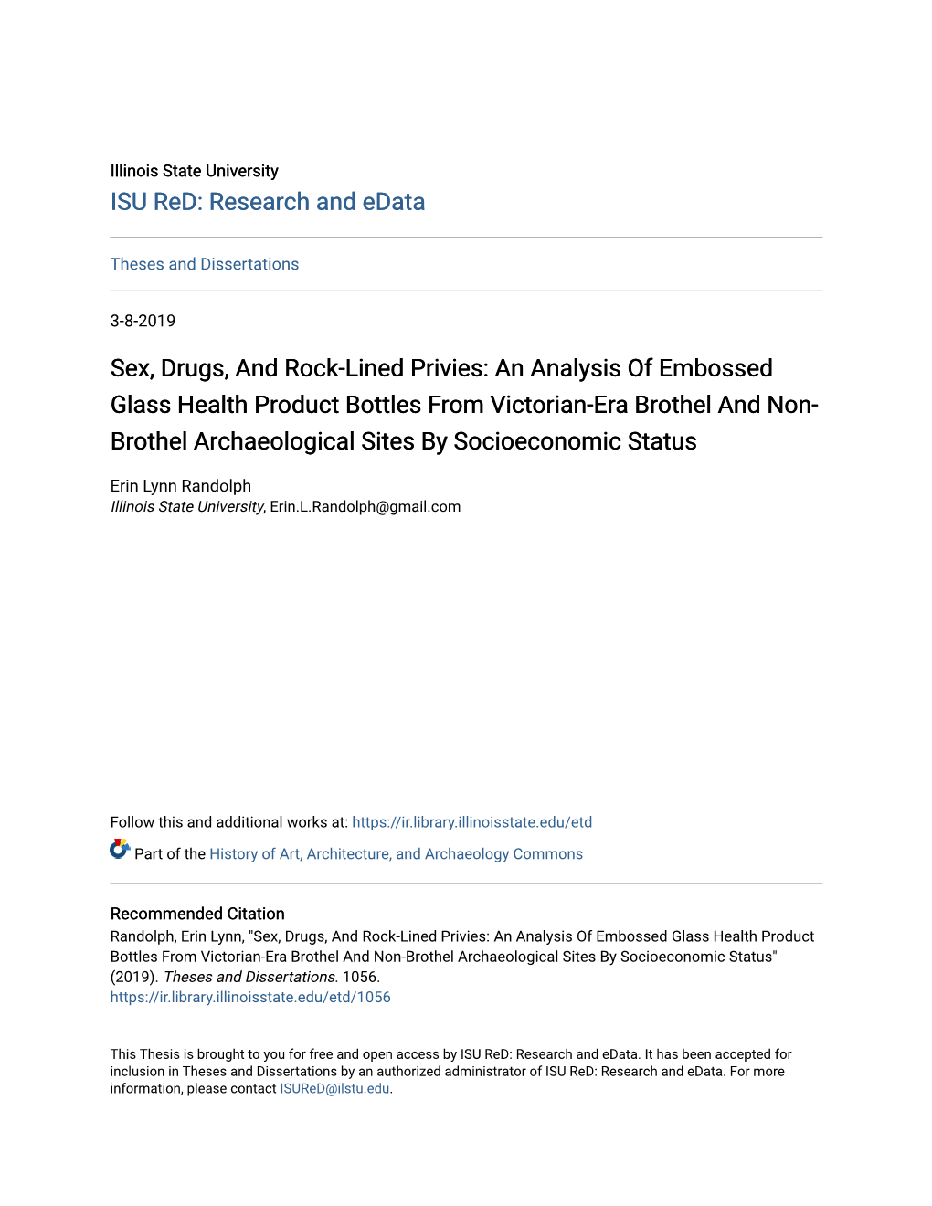 Sex, Drugs, and Rock-Lined Privies: an Analysis of Embossed Glass Health Product Bottles from Victorian-Era Brothel and Non-Brot