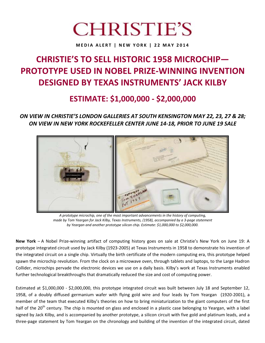 Christie's to Sell Historic 1958 Microchip— Prototype