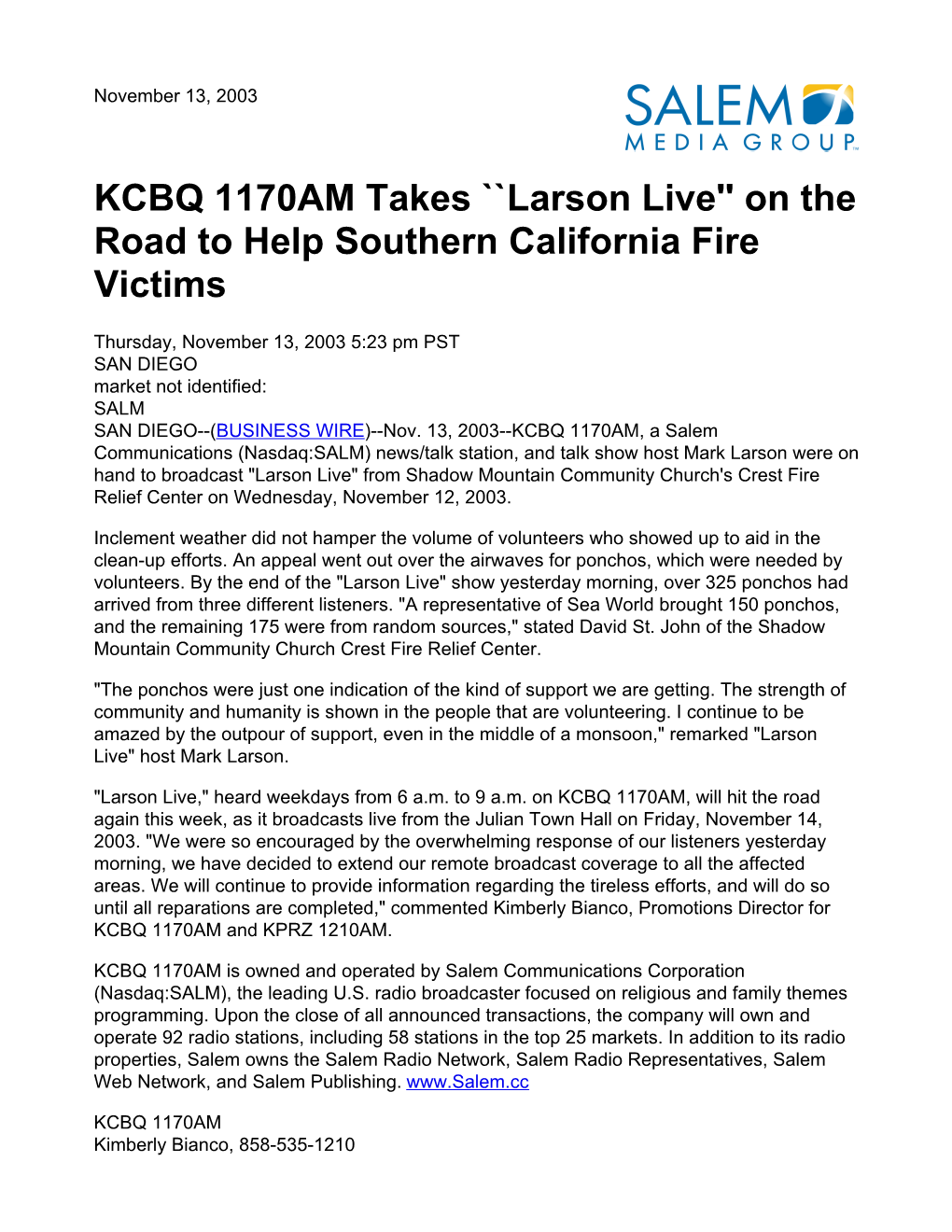 KCBQ 1170AM Takes ``Larson Live'' on the Road to Help Southern California Fire Victims