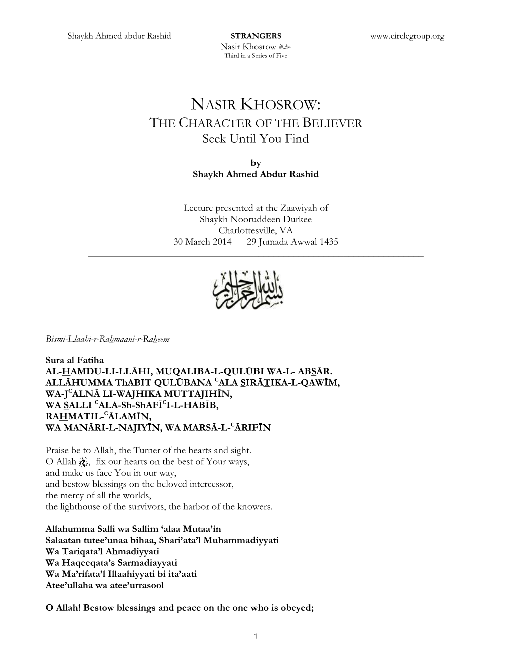 NASIR KHOSROW: the CHARACTER of the BELIEVER Seek Until You Find