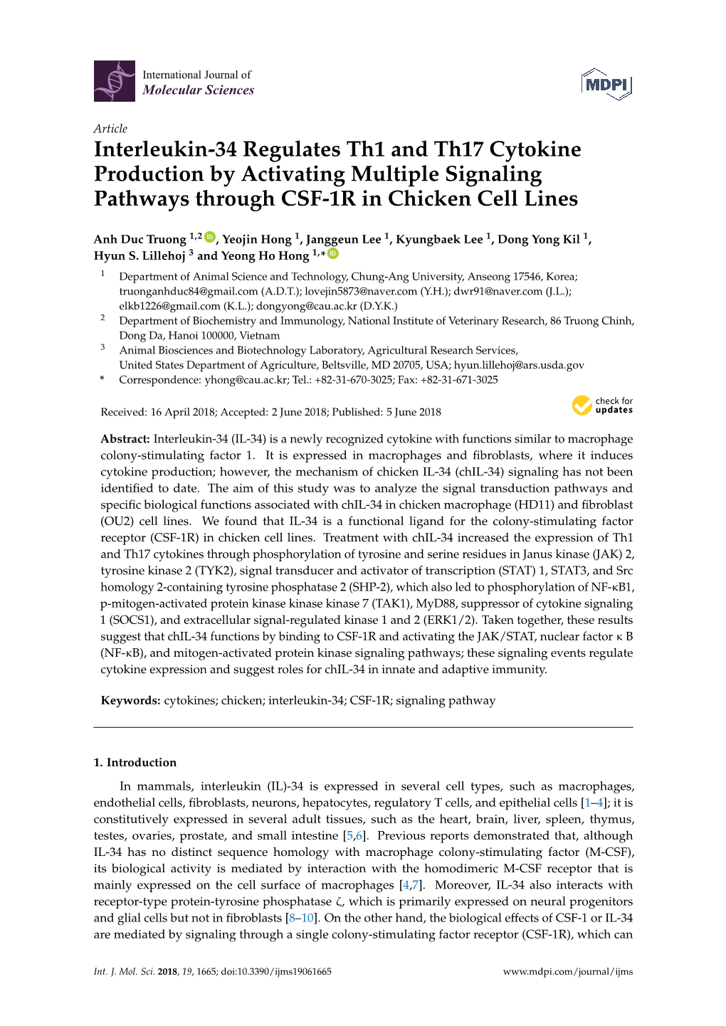 Interleukin-34 Regulates Th1 and Th17 Cytokine Production by Activating Multiple Signaling Pathways Through CSF-1R in Chicken Cell Lines